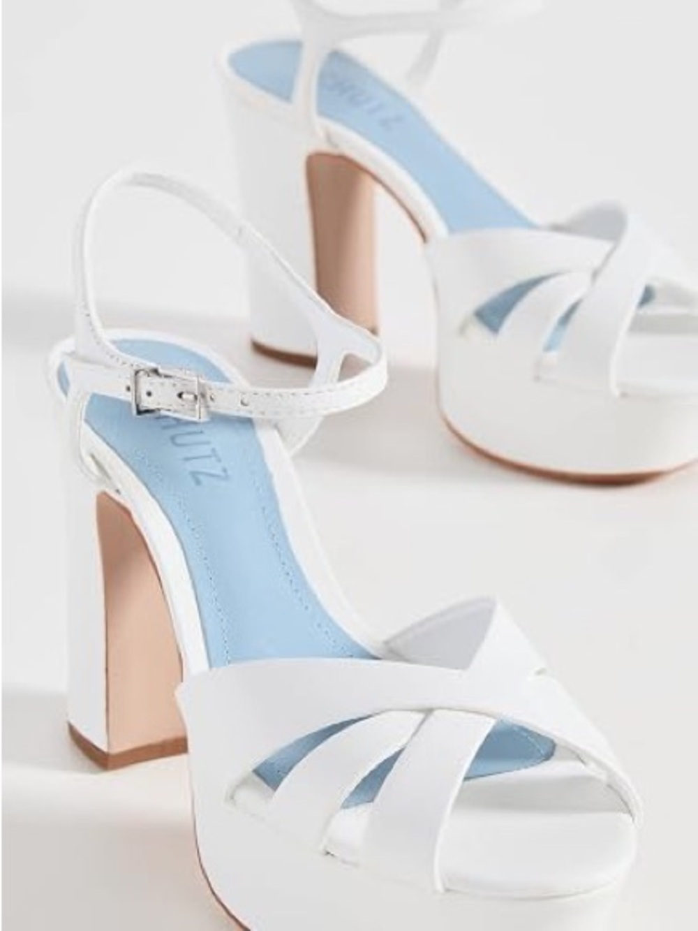 SCHUTZ White Platform Slingback Sandals with Blue Insole